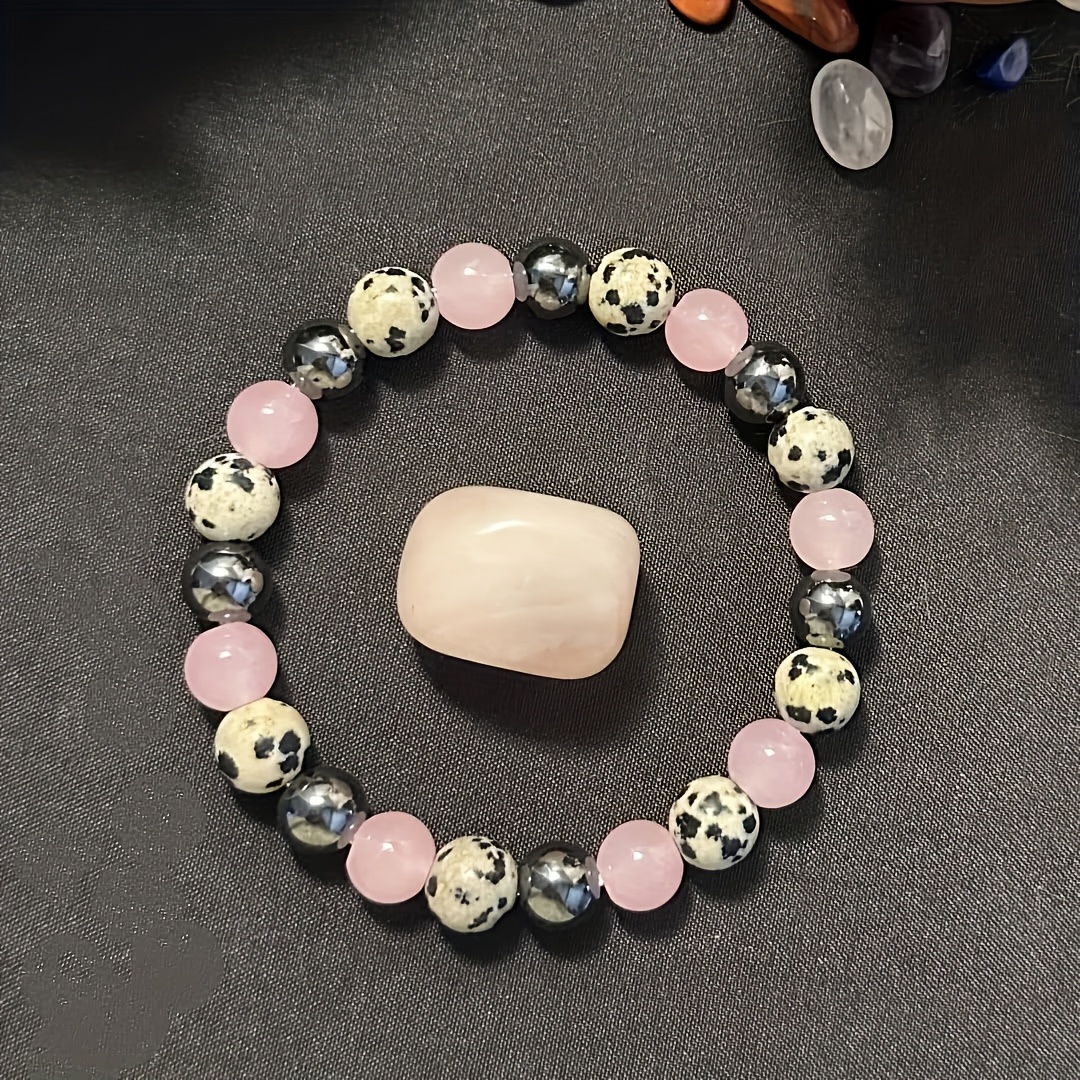 Handmade 8mm Natural Stone Bead Bracelet with Black Amber